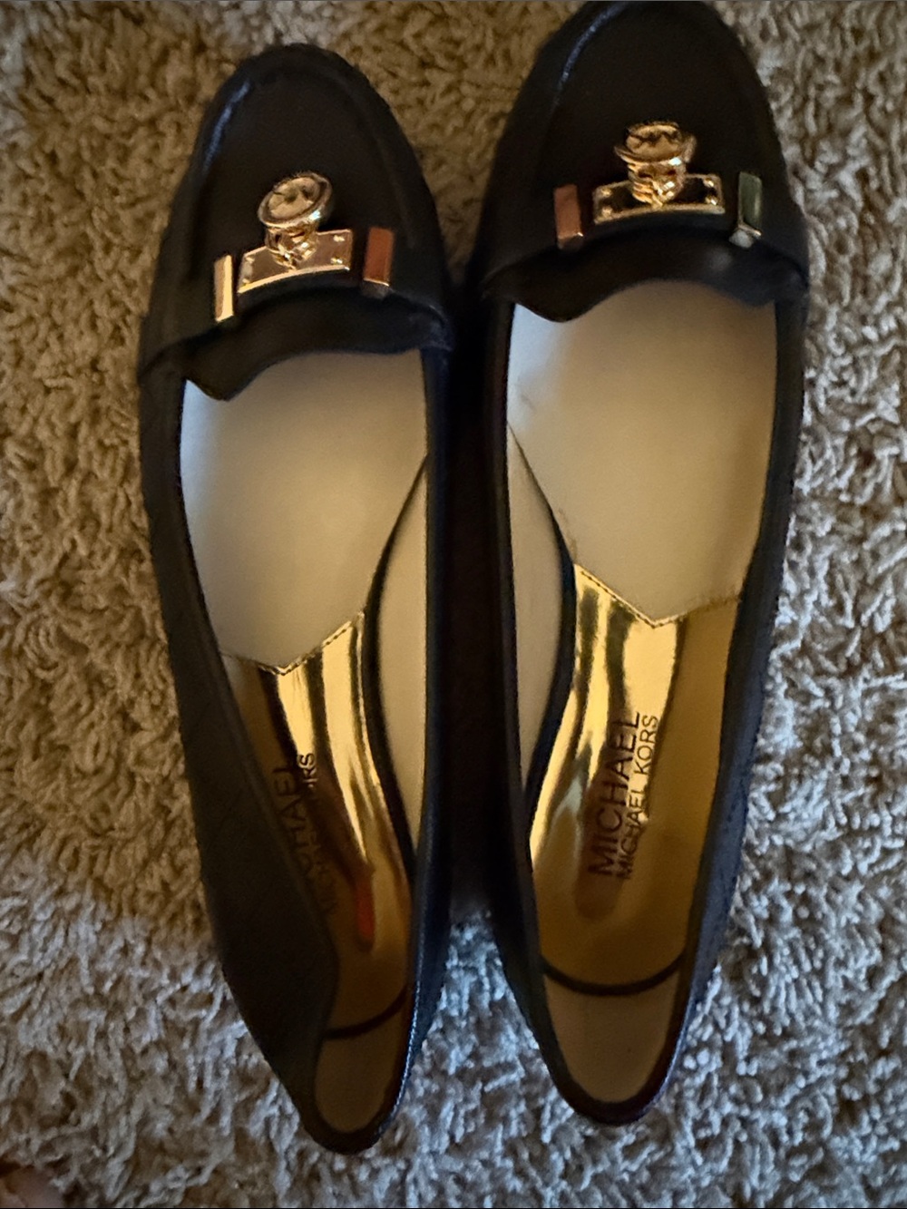 Michael Kors Black Leather Flats with Gold Hardware